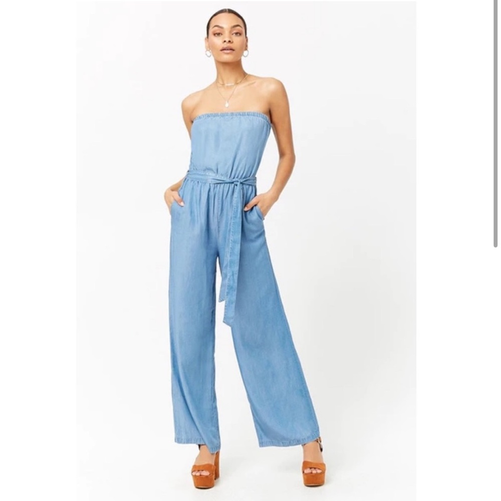 F21 Wide Leg Chambray Strapless Jumpsuit